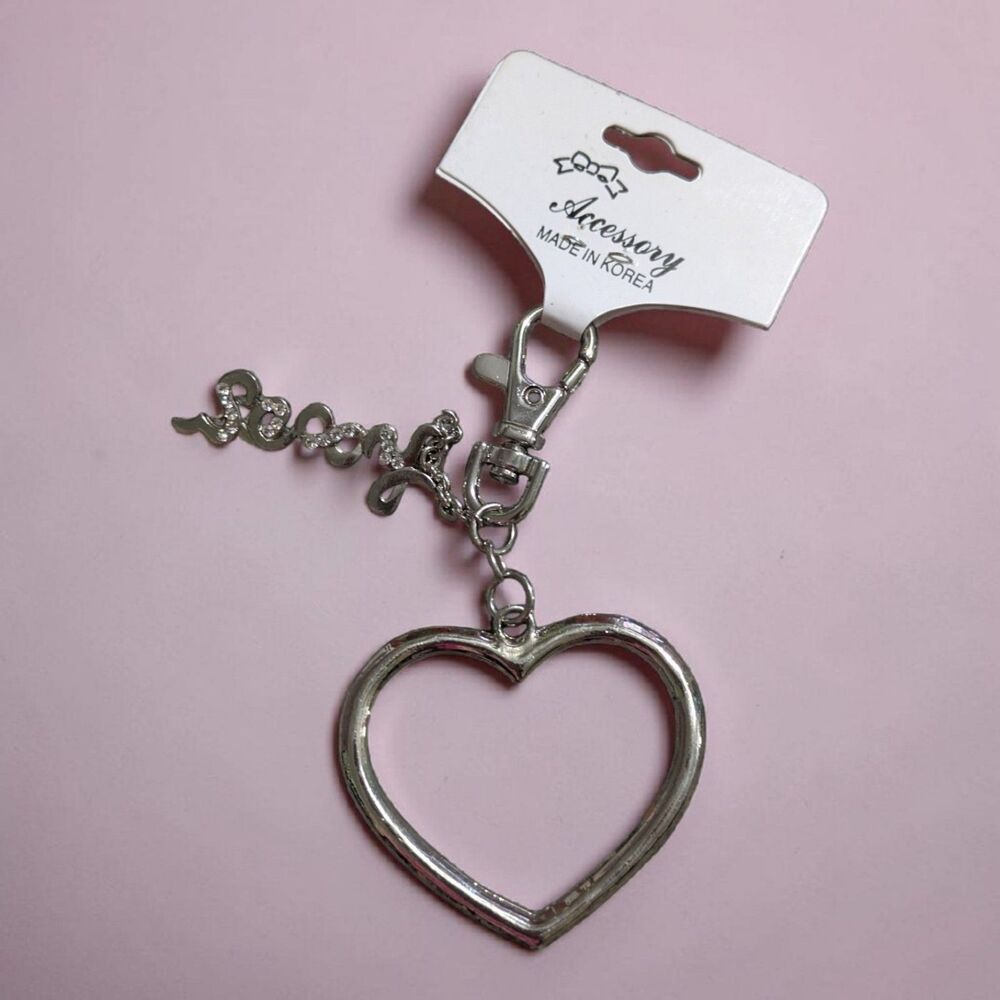 Y2K Sexy Heart Keychain Charm, Rhinestone Script Key Ring, Purse Charm